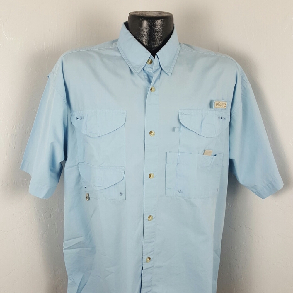 Columbia PFG Fishing Shirt Blue Vent Short Sleeve Button Up Mens Size M
